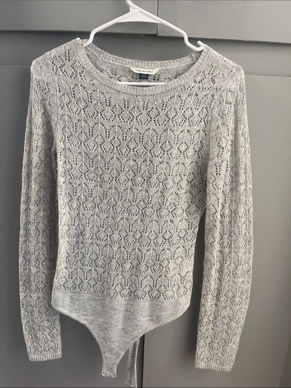 American Eagle Light Gray Open Knit Bodysuit Sweater Size M | Crochet